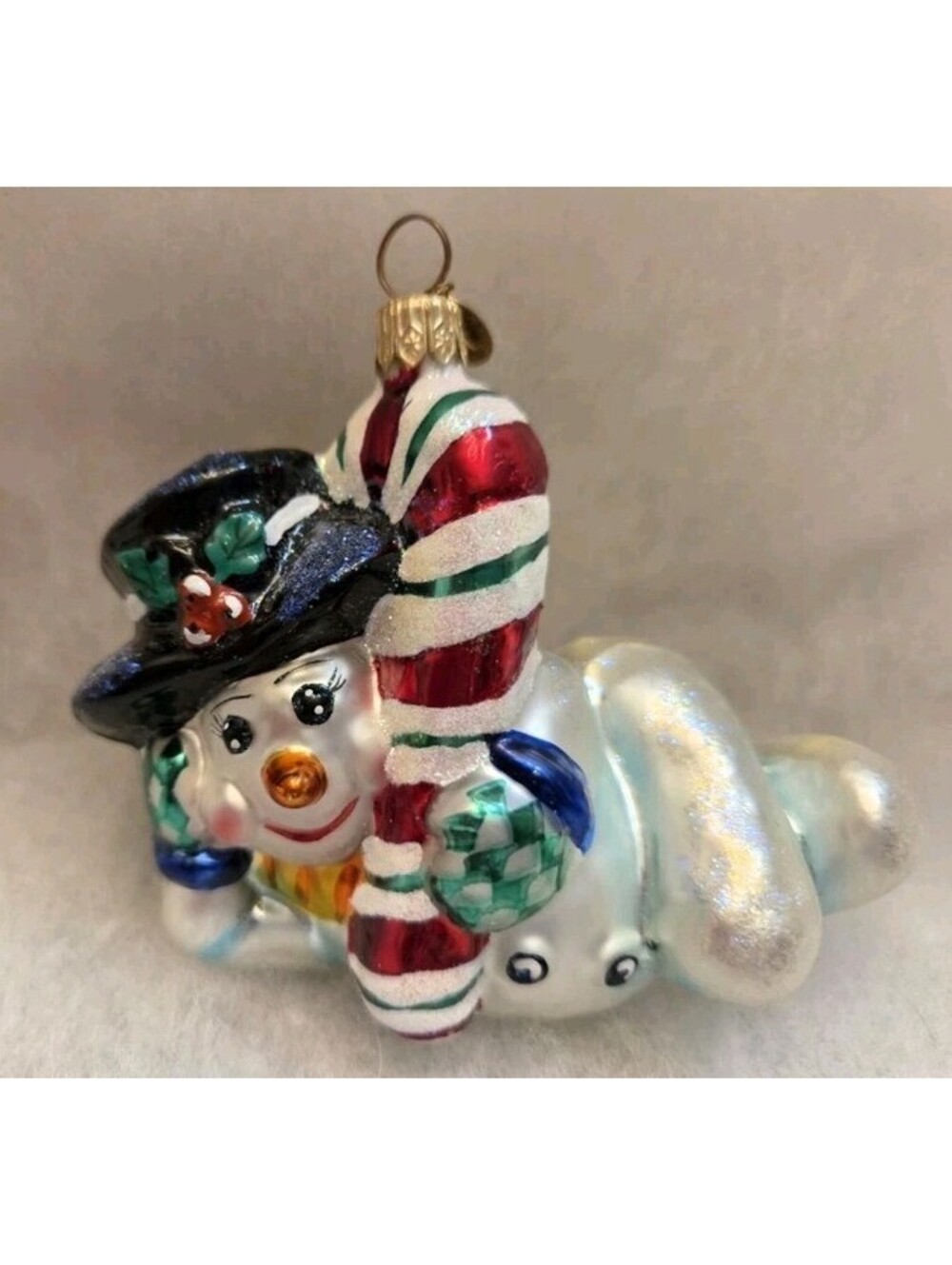 Christopher Radko Chillin Snowman w/Candy Cane Glass Handpainted Ornament
